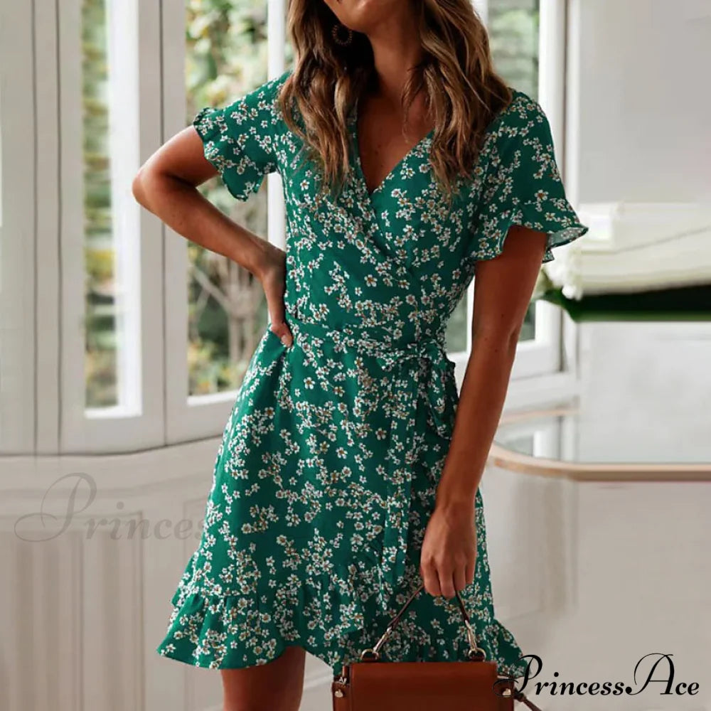 Women's Summer V-Neck Short Wrap Dress Green __stock:200 casual dresses clothes dresses refund_fee:1200