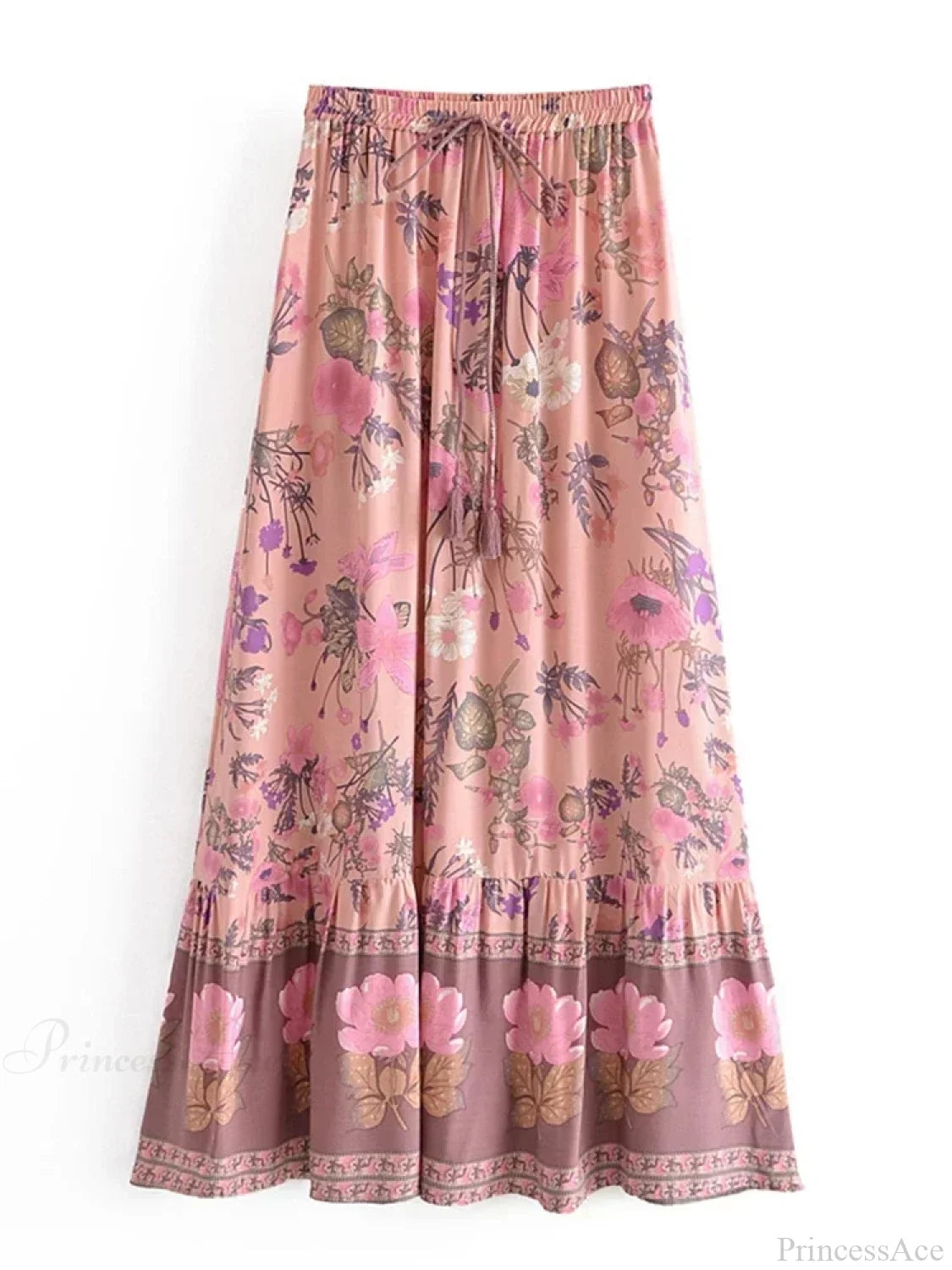 Summer Yellow Floral Print Tassel Beach Bohemian Pleated Rayon Boho Skirt Pink / S skirt-250126