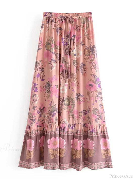 Summer Yellow Floral Print Tassel Beach Bohemian Pleated Rayon Boho Skirt Pink / S skirt-250126