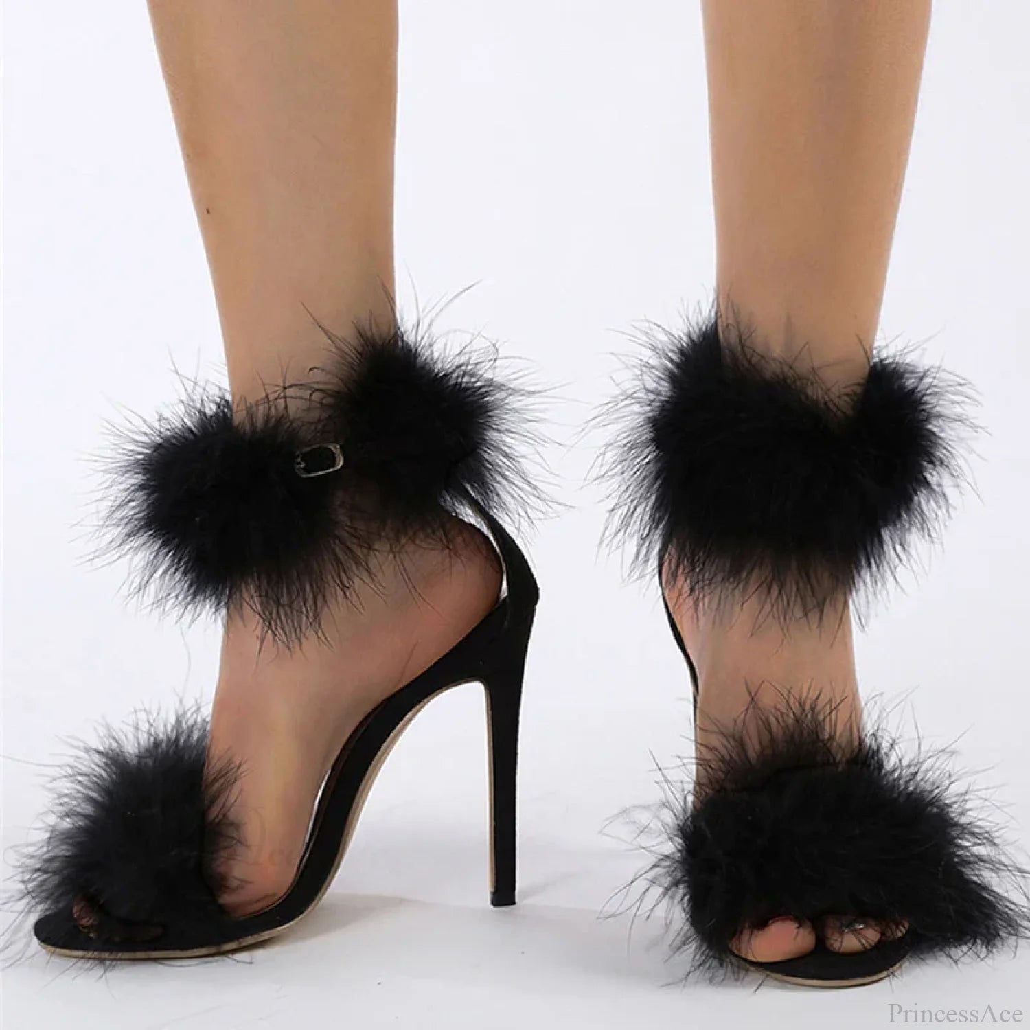 Summerfashion Faux-Fur Ankle-Strap Sandals Open-Toe Fluffy-Feather High-Heels Party Dress Women