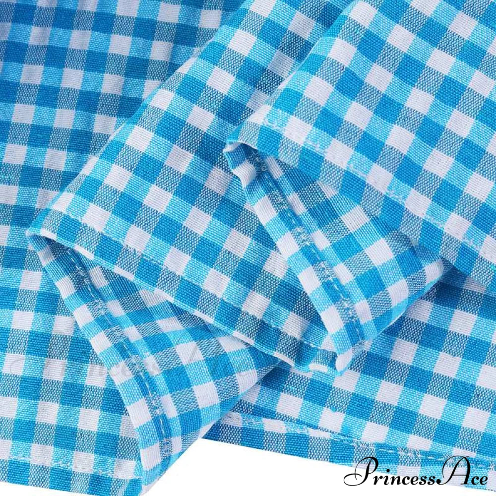 Sundress Plaid Blouse Women Vintage Spring Casual Pockets Patterned Belted Lapel Party Gown Button