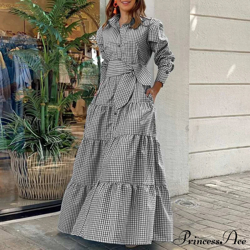 Sundress Plaid Blouse Women Vintage Spring Casual Pockets Patterned Belted Lapel Party Gown Button