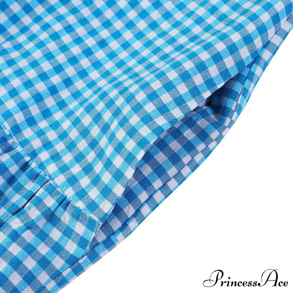 Sundress Plaid Blouse Women Vintage Spring Casual Pockets Patterned Belted Lapel Party Gown Button