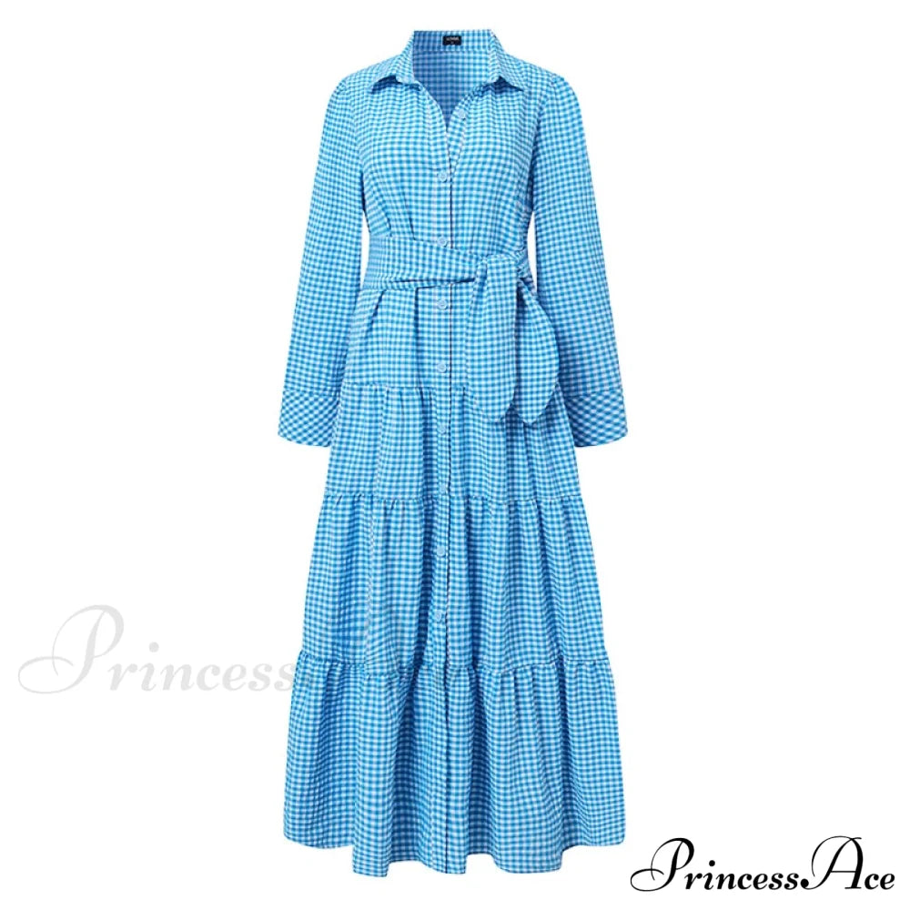 Sundress Plaid Blouse Women Vintage Spring Casual Pockets Patterned Belted Lapel Party Gown Button
