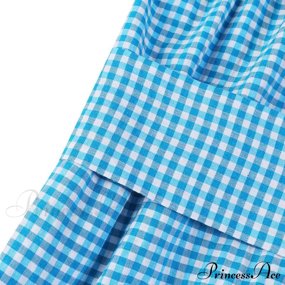 Sundress Plaid Blouse Women Vintage Spring Casual Pockets Patterned Belted Lapel Party Gown Button