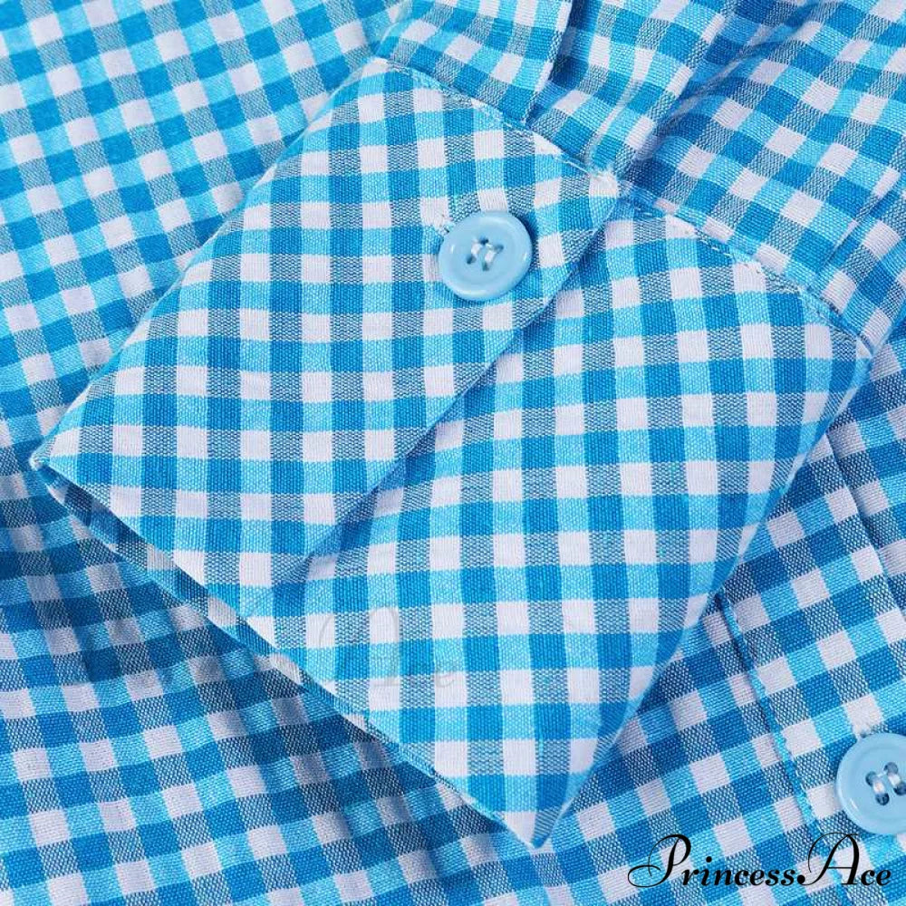 Sundress Plaid Blouse Women Vintage Spring Casual Pockets Patterned Belted Lapel Party Gown Button