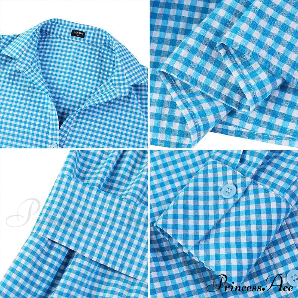 Sundress Plaid Blouse Women Vintage Spring Casual Pockets Patterned Belted Lapel Party Gown Button