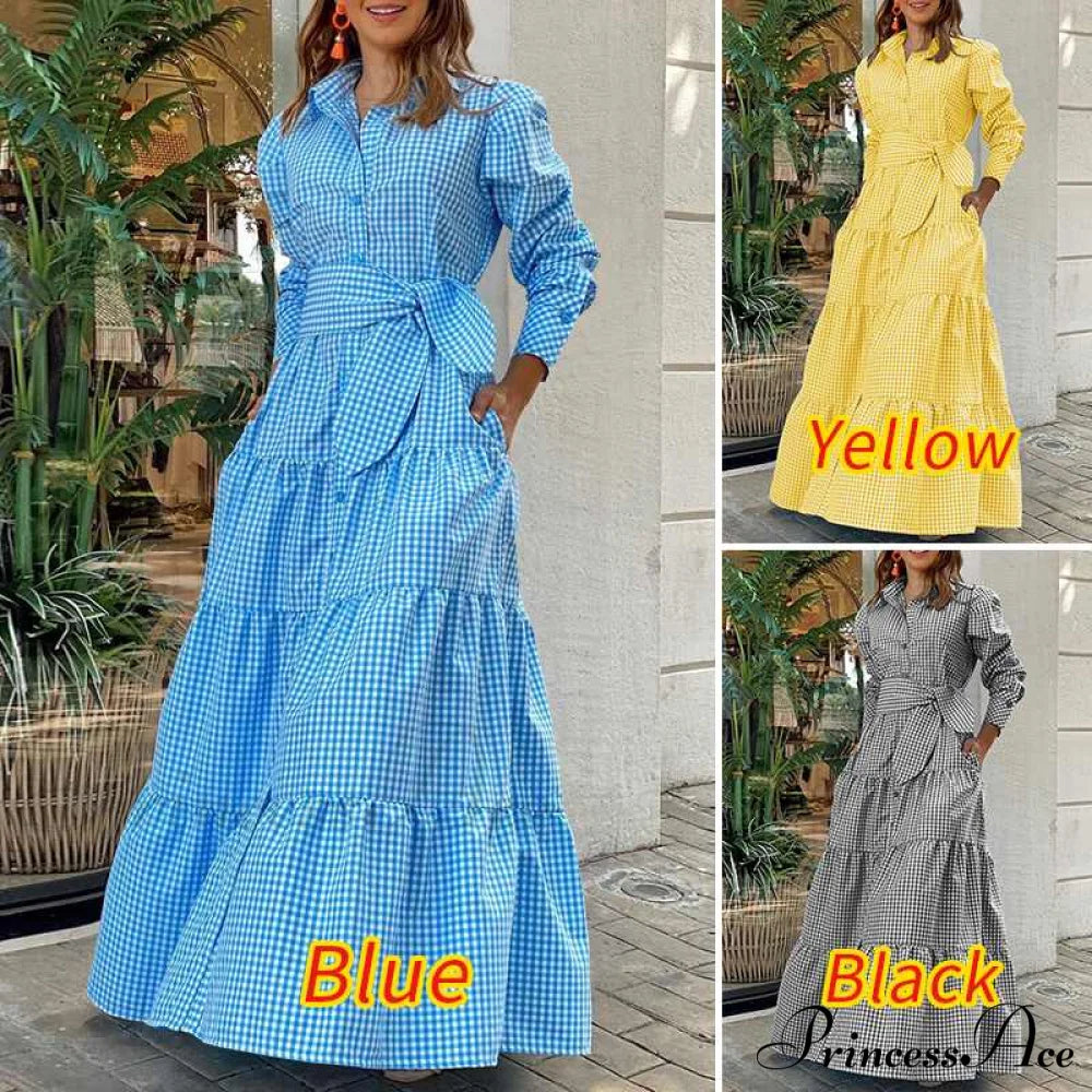 Sundress Plaid Blouse Women Vintage Spring Casual Pockets Patterned Belted Lapel Party Gown Button