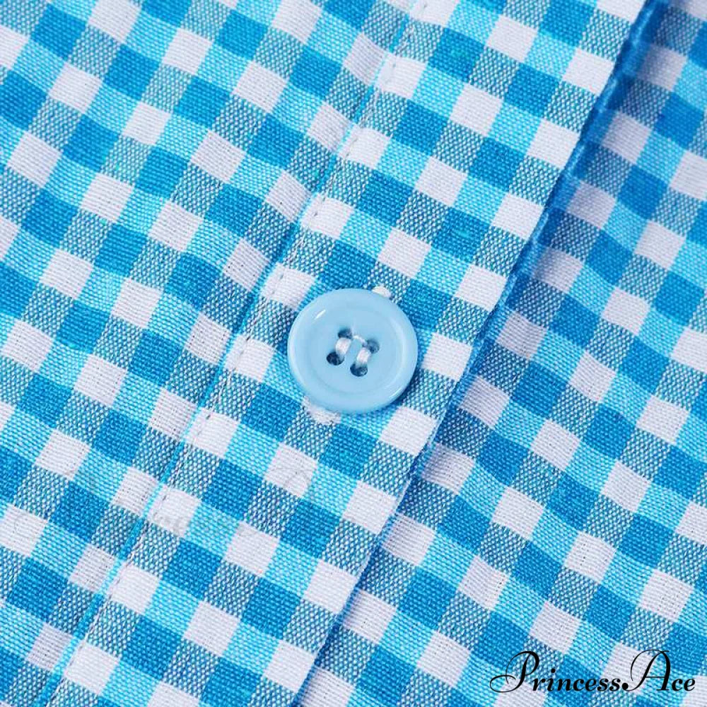 Sundress Plaid Blouse Women Vintage Spring Casual Pockets Patterned Belted Lapel Party Gown Button