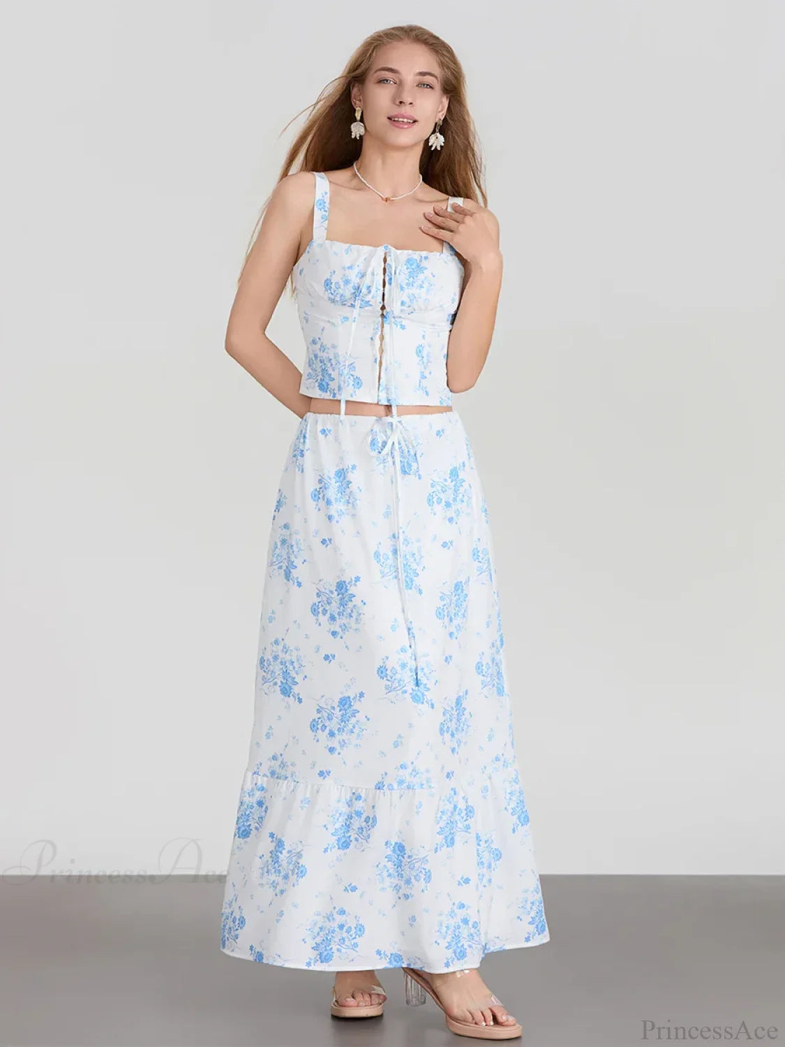 Suspender Crop Tank Top Drawstring A-line Skirt Floral Dress floraldress-250126