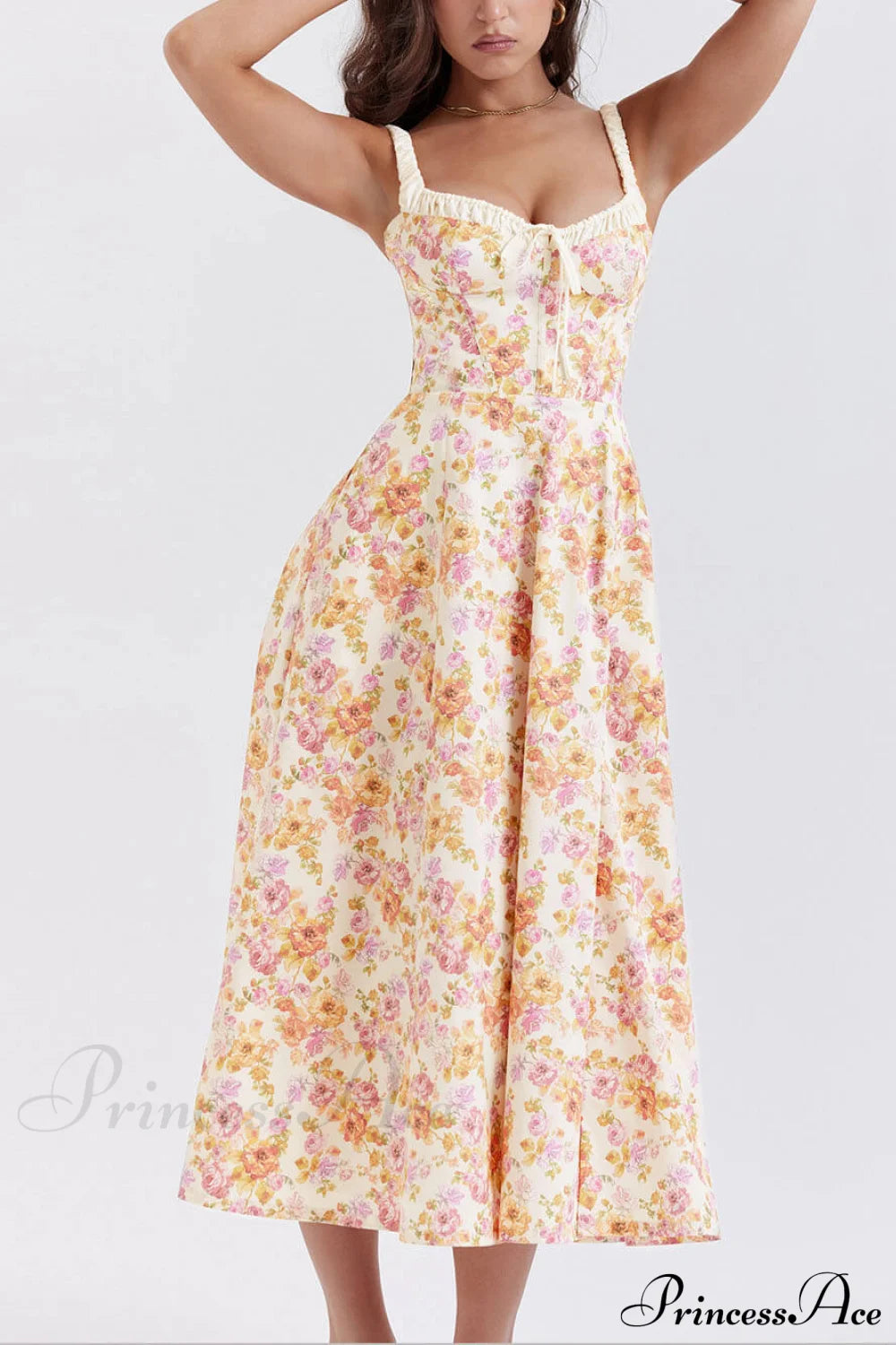 Suspender Patchwork Printed Charming Lace-Up Midi Dress Dresses