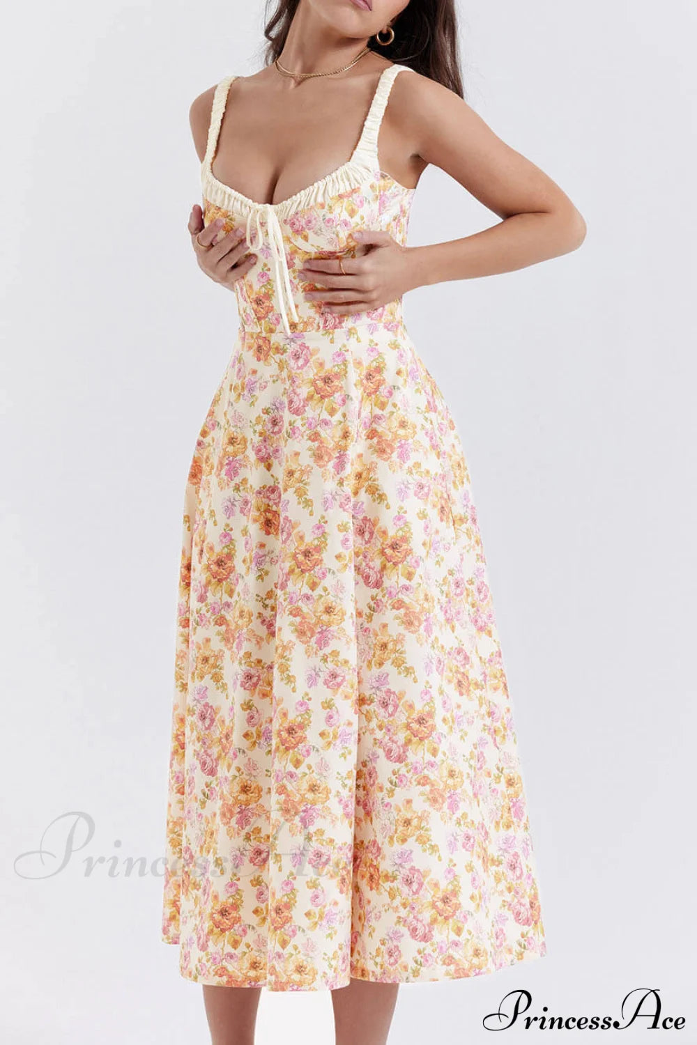 Suspender Patchwork Printed Charming Lace-Up Midi Dress Dresses