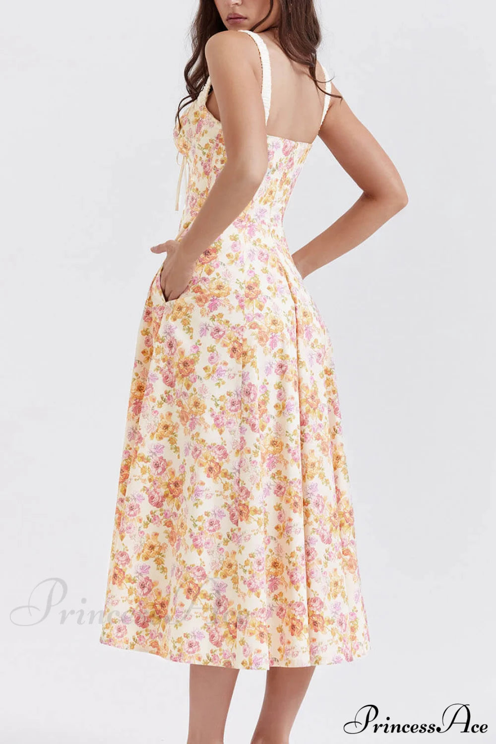 Suspender Patchwork Printed Charming Lace-Up Midi Dress Dresses