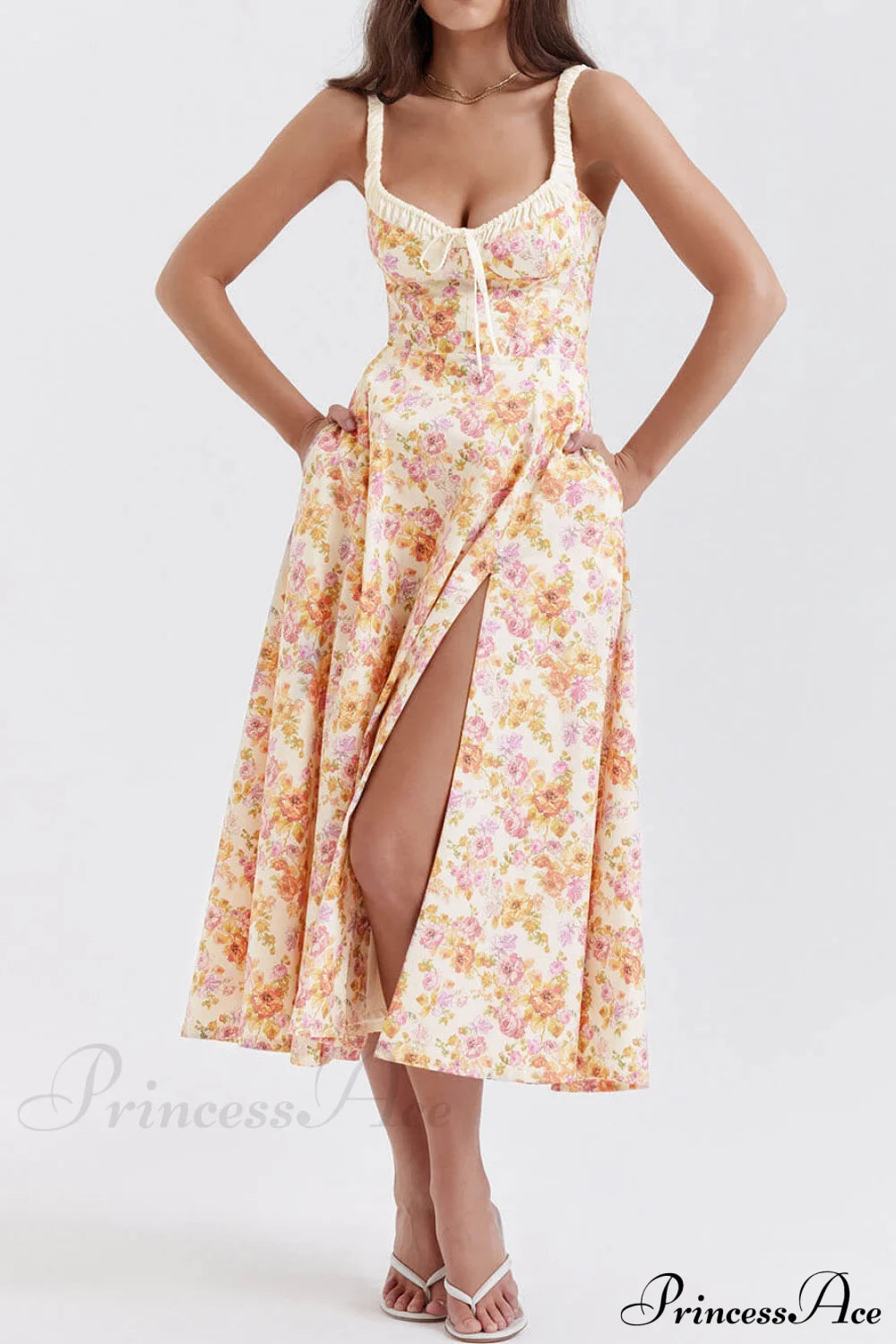 Suspender Patchwork Printed Charming Lace-Up Midi Dress Orange / S Dresses