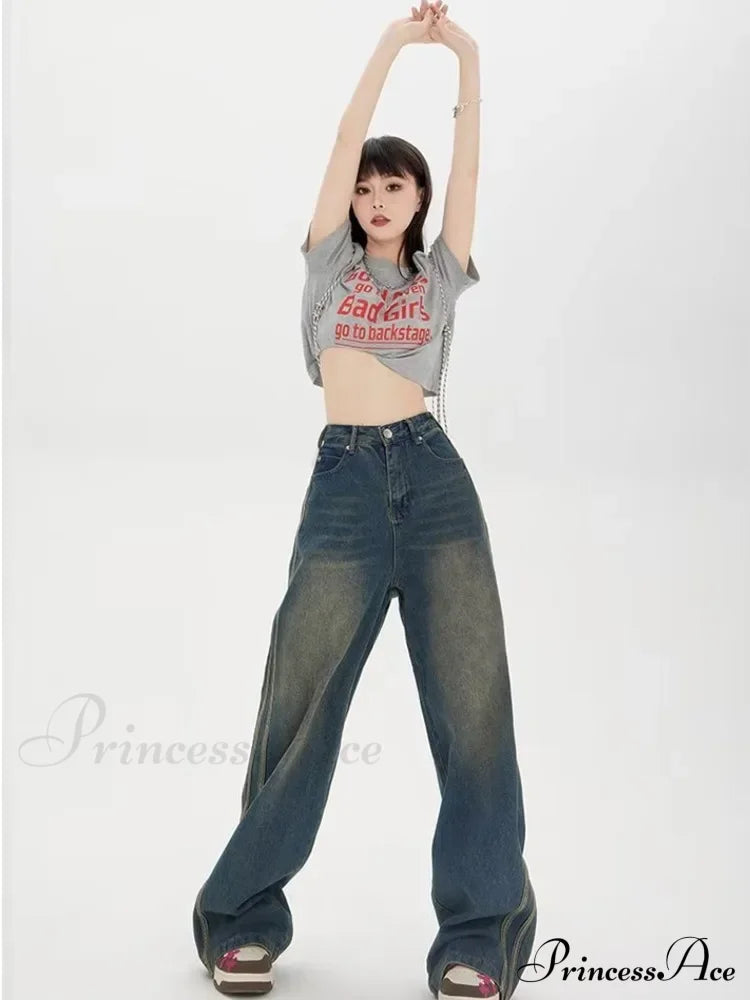 Sweeping Floor Spicy Girl Small Loose High Waisted Straight Leg Wide-Leg Jean