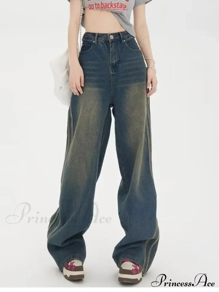 Sweeping Floor Spicy Girl Small Loose High Waisted Straight Leg Wide-Leg Jean