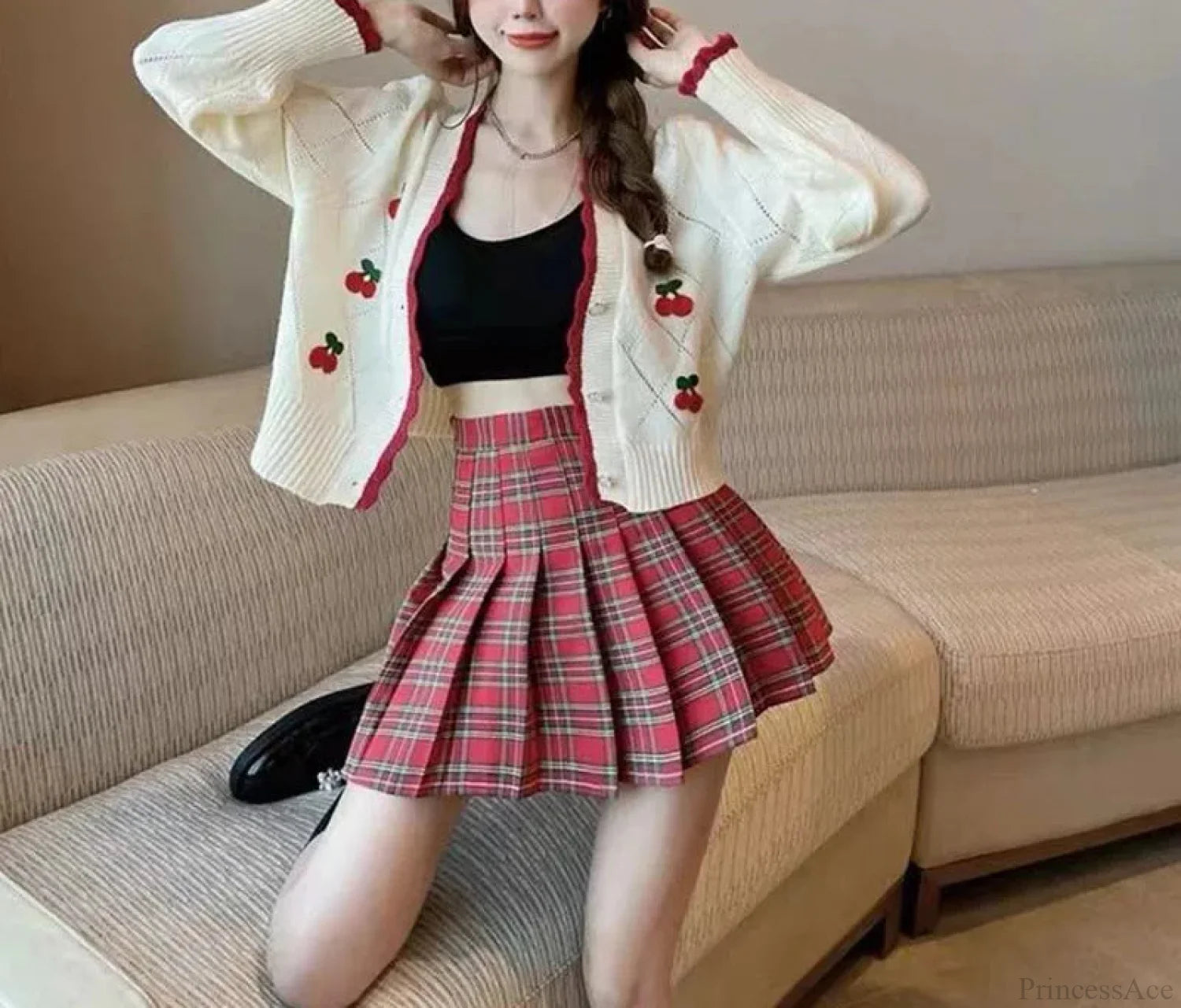 Sweet Cherry Button-Up Patchwork Knit Cardigan cardiagn-250126