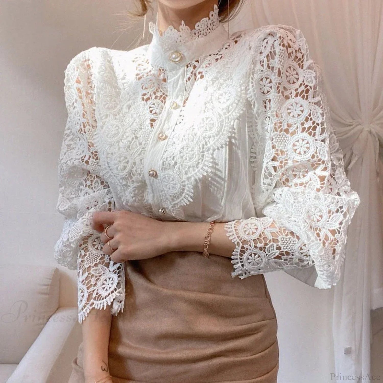 Sweet Hollow Lace Patchwork Button White Blouse blouse-250126