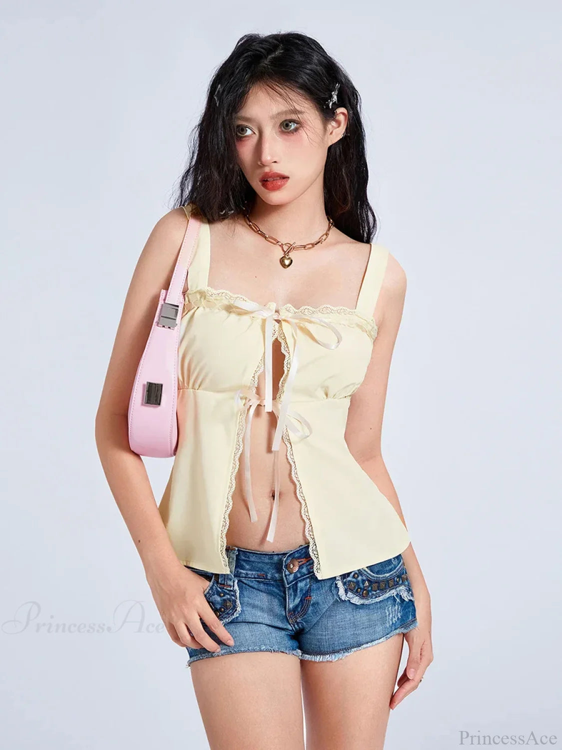 Sweet Lace Trim Tie-up Square Neck Slit Tank Vest croptop-250126