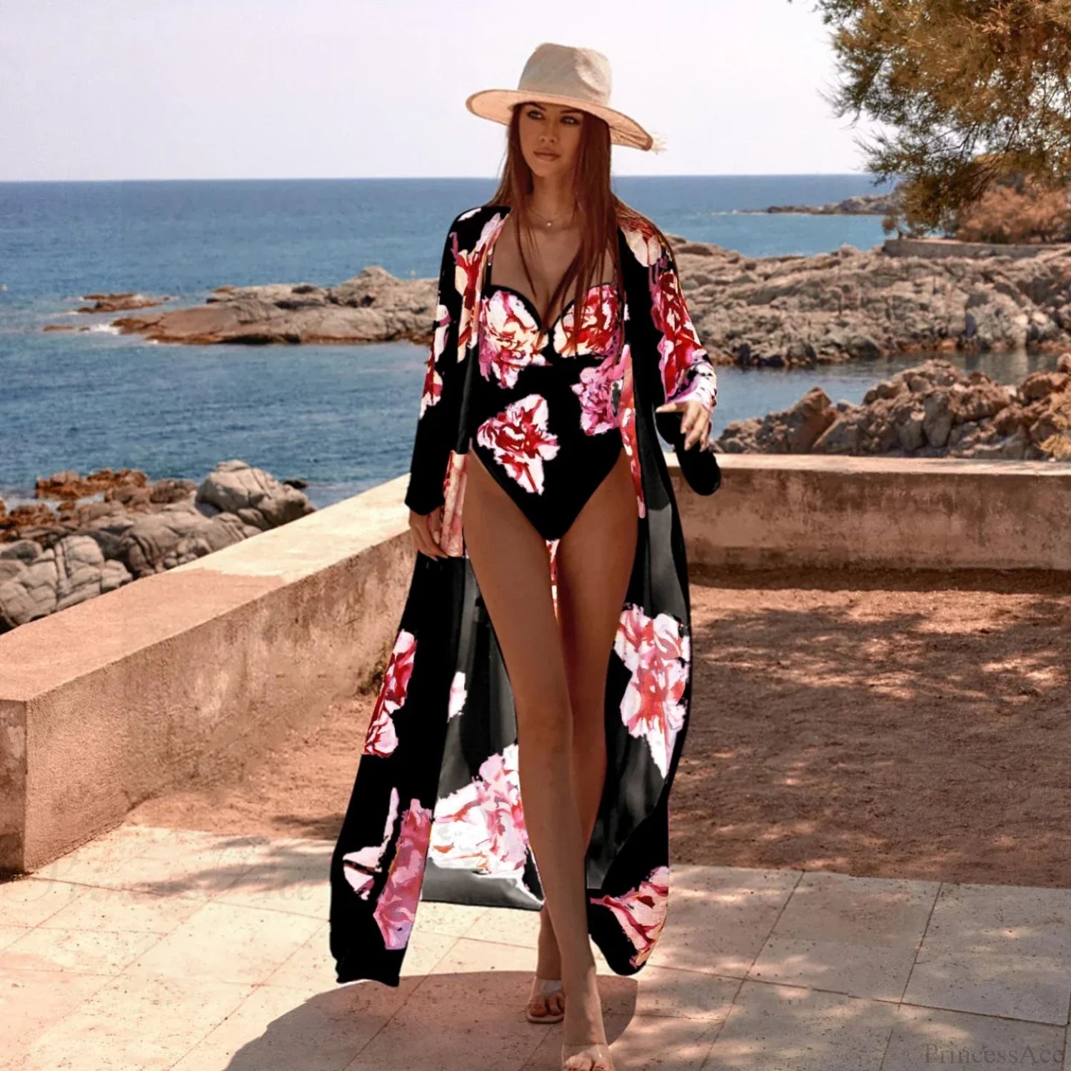 Swimwear with Kimono One Piece Swimsuit Three Piece Set Black / S