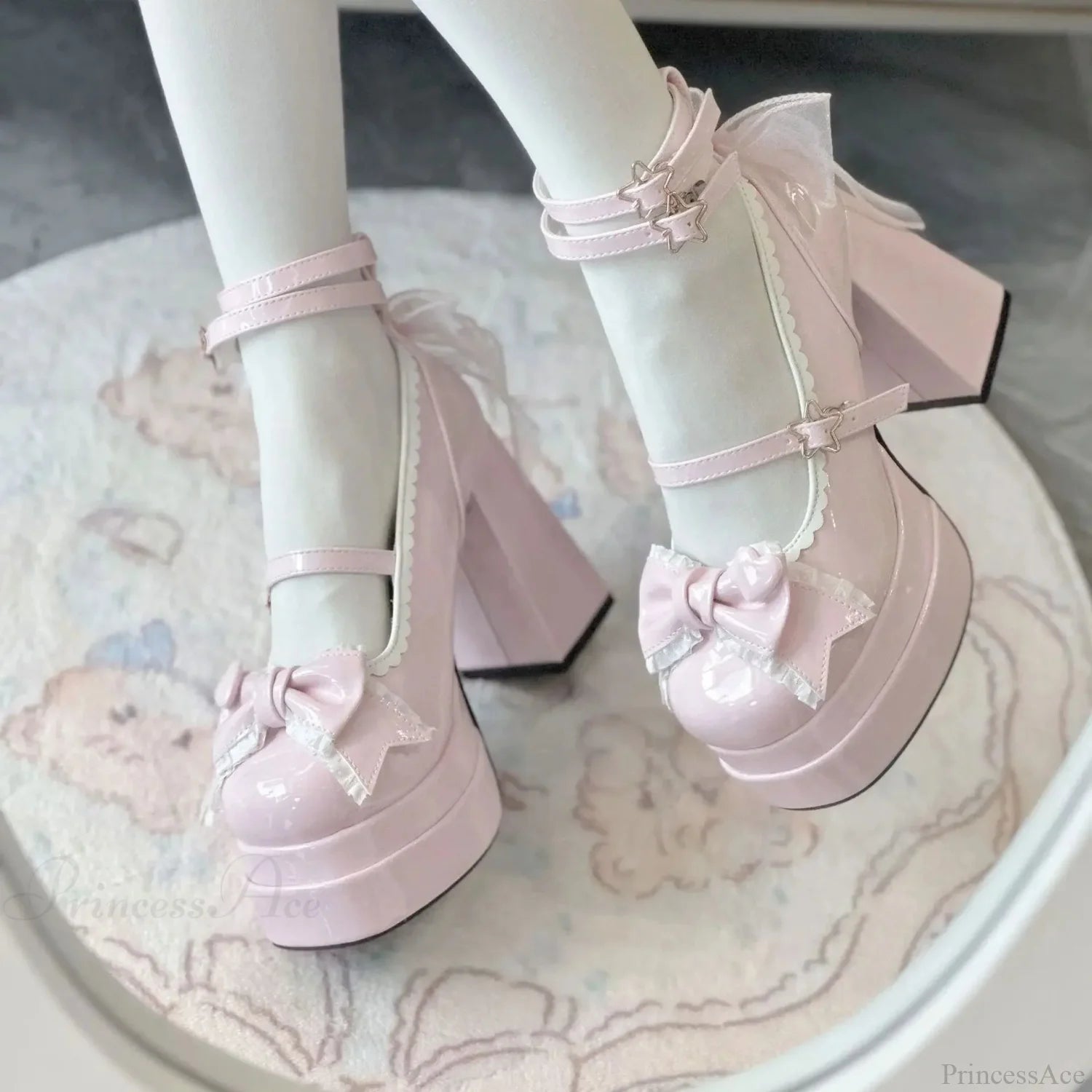 Synthetic Leather Lolita Gothic Tall Heel Pink / 35