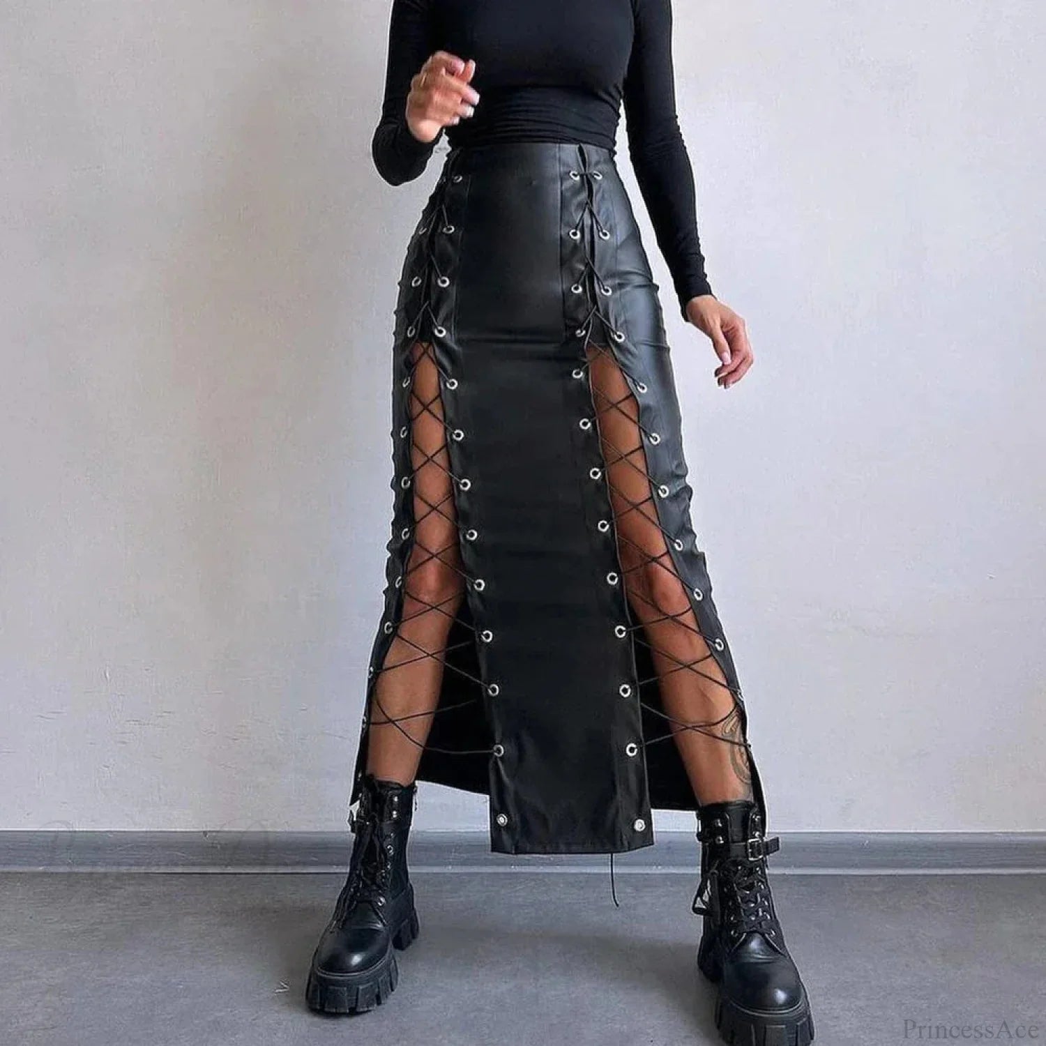 Synthetic Leather Patchwork Skirt Black / S