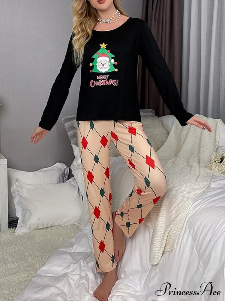 T-Shirt And Loungewear - Women’s Neck Santa Crew Letter Arm Long Claus Set Pant
