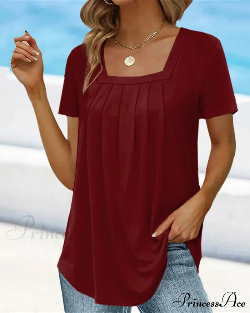 Square neck solid color short sleeve t-shirt Burgundy 23BF clothes Short Sleeve Tops Summer T-shirts Tops/Blouses