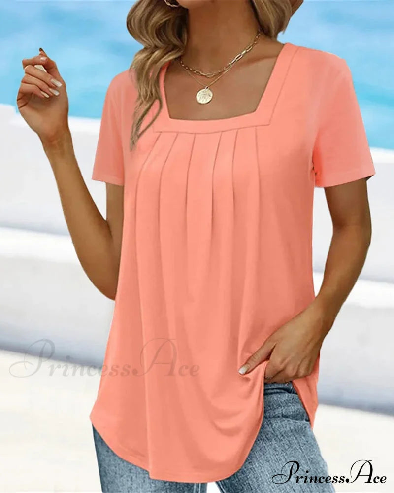 Square neck solid color short sleeve t-shirt Pink 23BF clothes Short Sleeve Tops Summer T-shirts Tops/Blouses