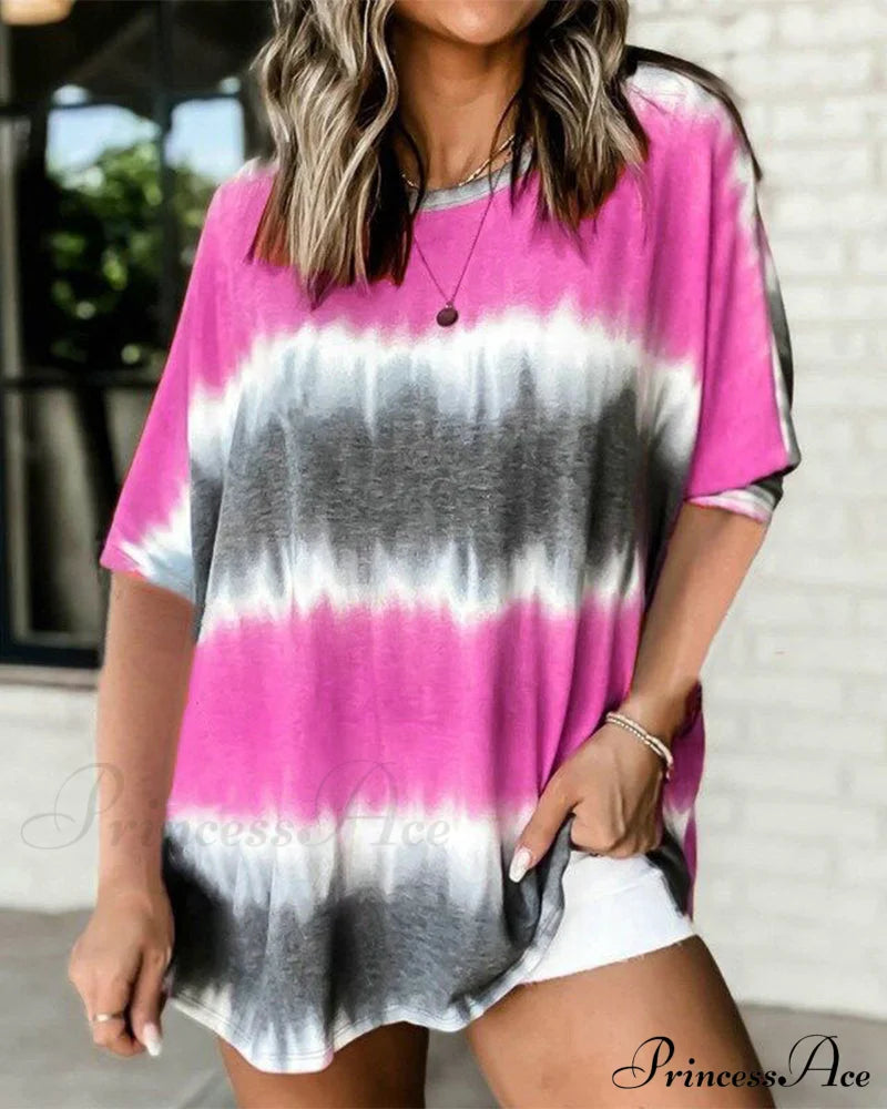 Tie Dye T-shirt with Short Sleeves Fuchsia 23BF clothes Short Sleeve Tops Spring Summer T-shirts Tops/Blouses