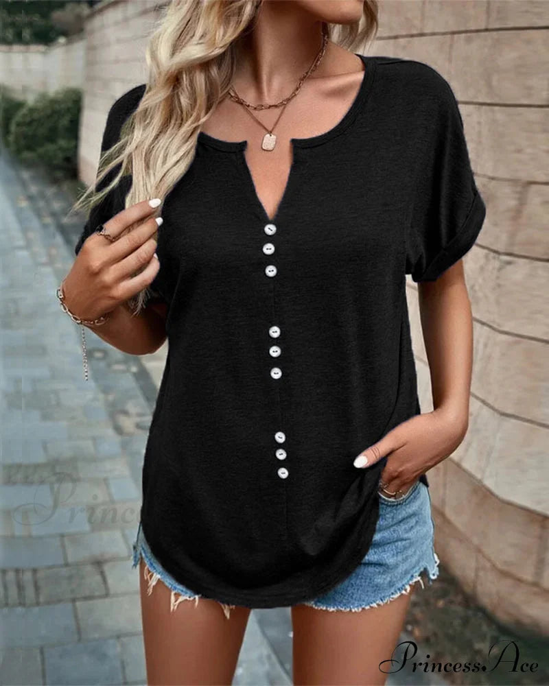 V-neck Hollow Out T-shirt with Short Sleeves Black 23BF clothes Short Sleeve Tops Summer T-shirts Tops/Blouses