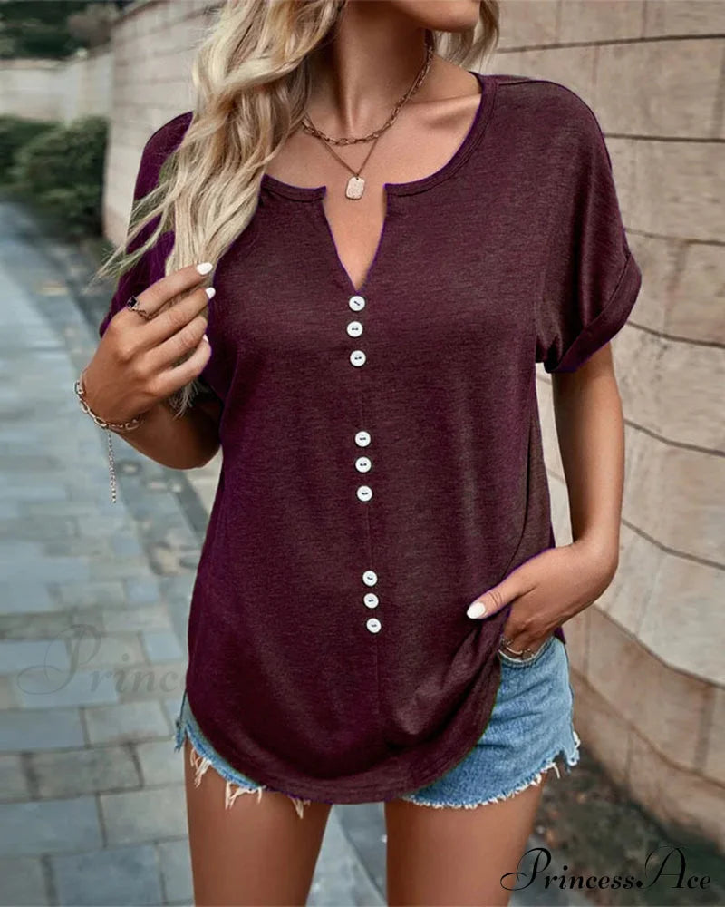 V-neck Hollow Out T-shirt with Short Sleeves Burgundy 23BF clothes Short Sleeve Tops Summer T-shirts Tops/Blouses