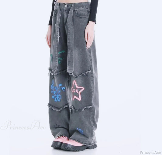 Tall Waist Dark Tassels Denim Pant Dark Grey / S