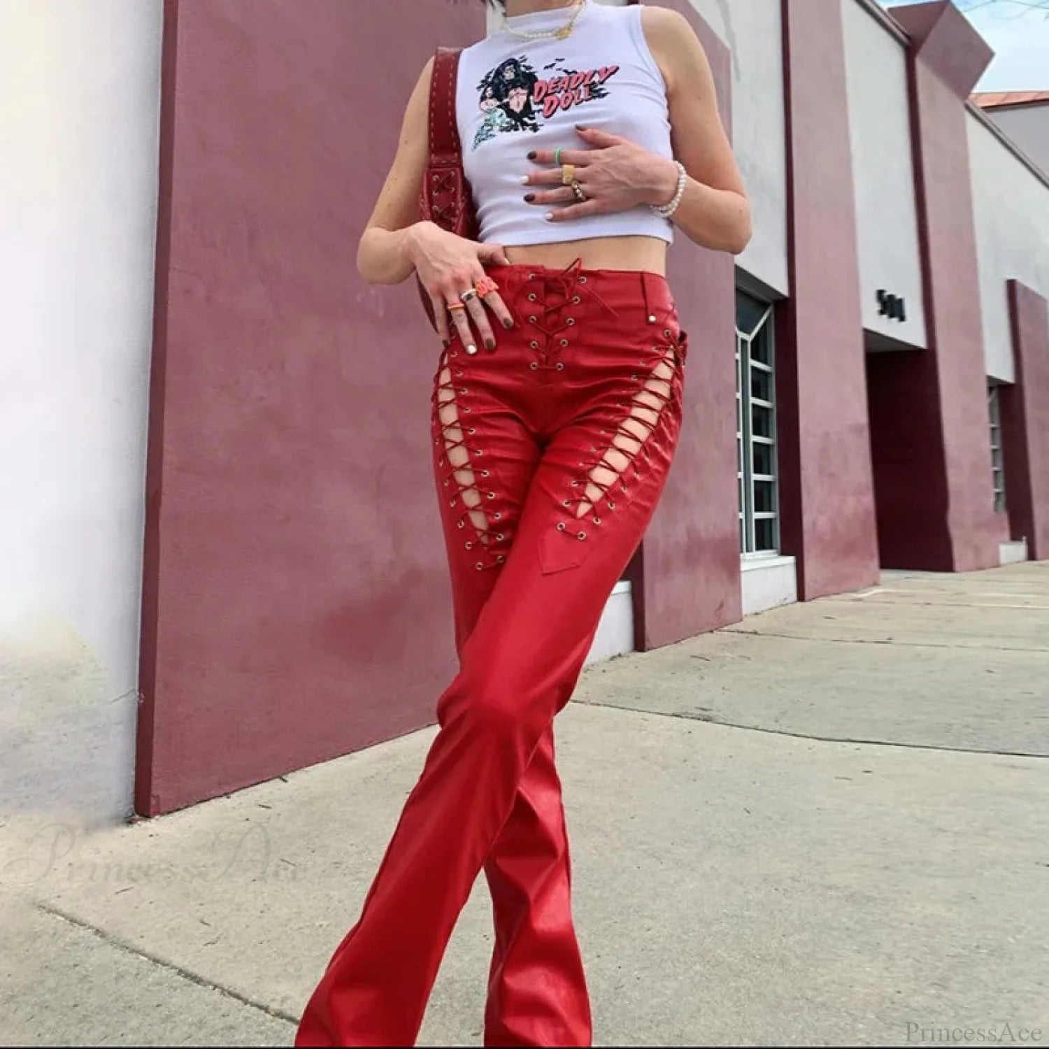 Tall Waist Synthetic Leather Gothic Pant Red / S