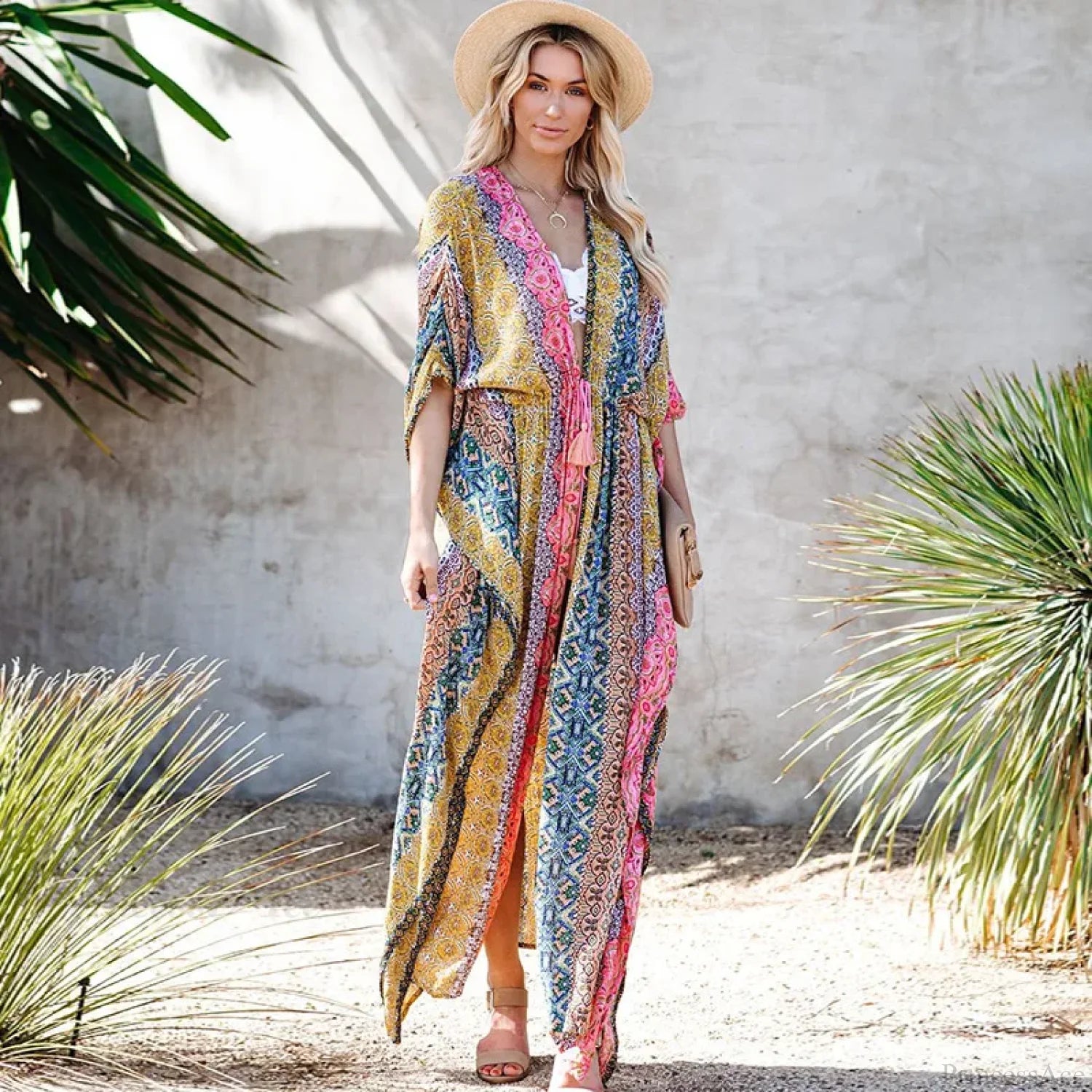 Tassel Lace-up Kimono Cotton Printed Bikini Cover up floral print / One Size bohocoverup-250126