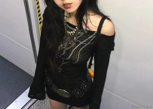 Tattoo Print Knit Top Black / S