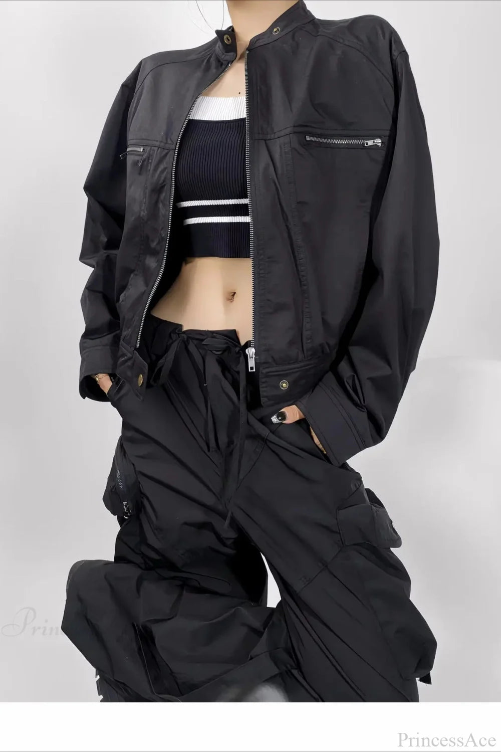 Techwear Utility Loose Casual Zip Jacket Black / S