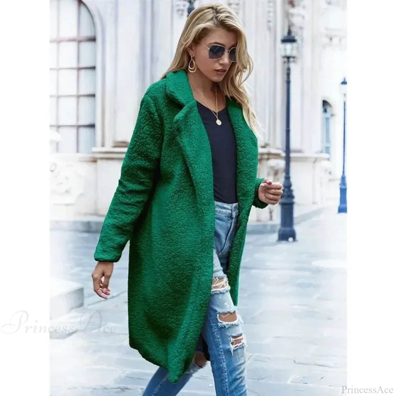 Teddy Bear Plush Turtleneck Overcoat Green / S