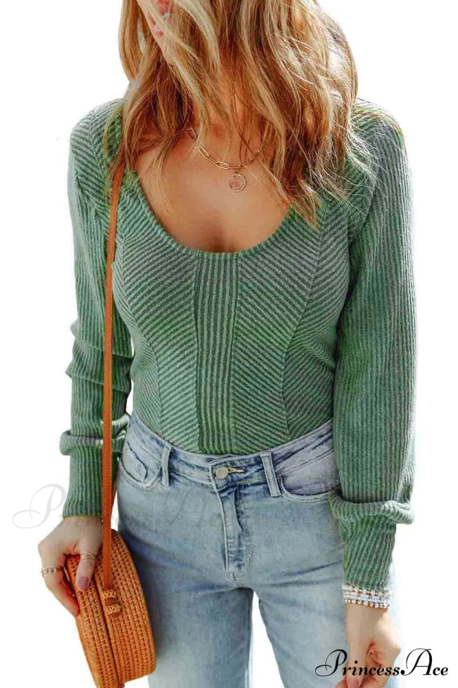 Textured Arm Green - Top Long U Neck Tops