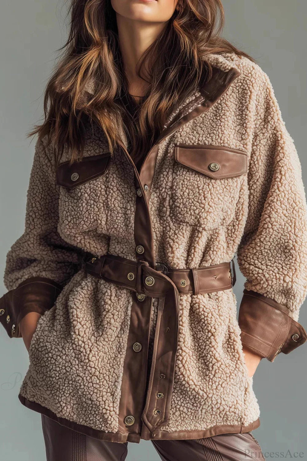 Thick Fleece PU Panel Pocket Belted Retro Coat Brown / S