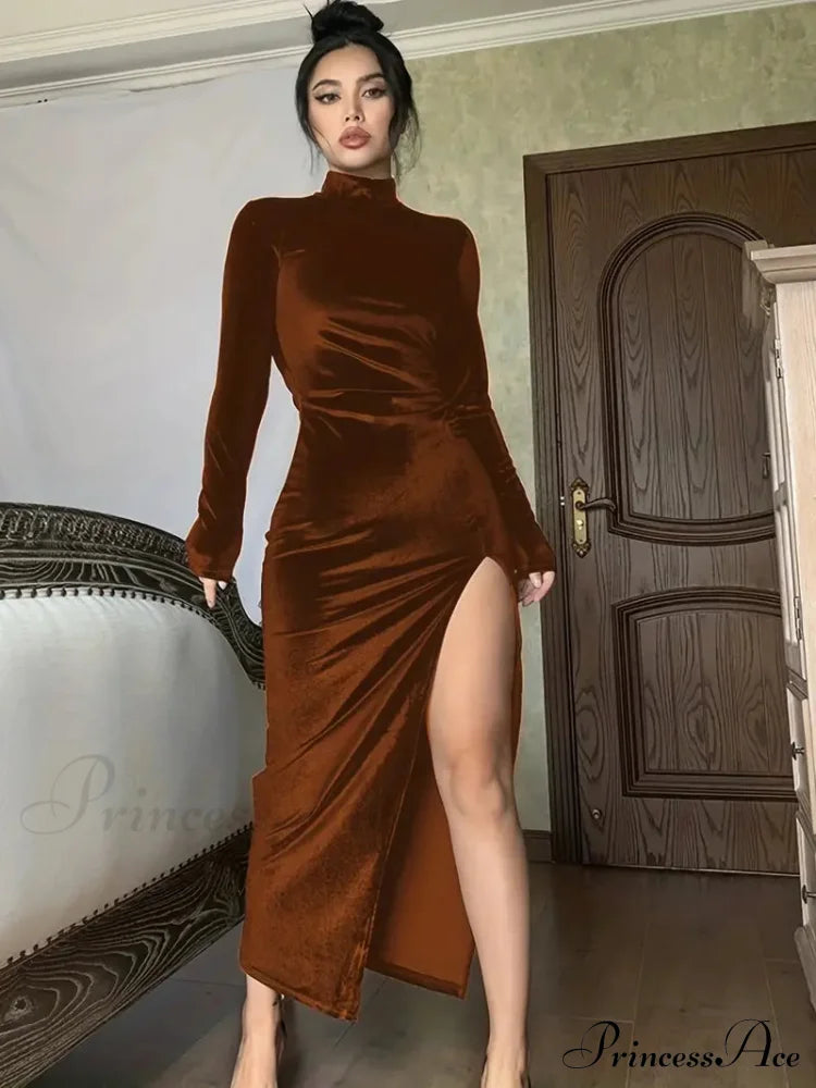 Thigh Split Ruched High Collar Long Sleeve Party Dress S / Coffee Green Velvet Party Dress