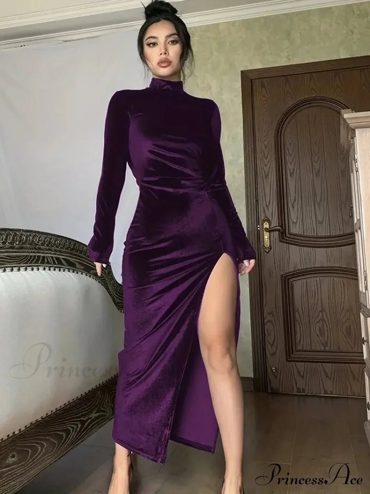 Thigh Split Ruched High Collar Long Sleeve Party Dress S / Pink Green Velvet Party Dress
