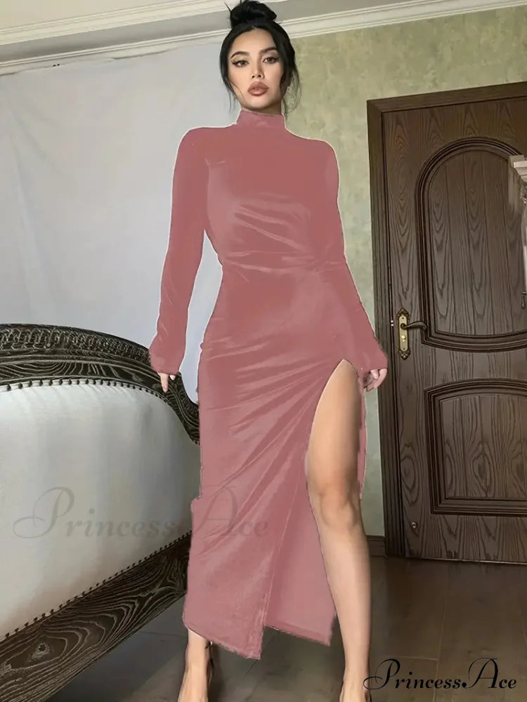 Thigh Split Ruched High Collar Long Sleeve Party Dress S / Purple Green Velvet Party Dress