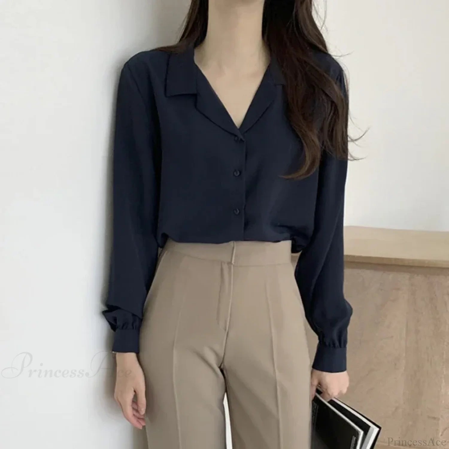 Thin Solid Color Long Sleeve Turn Down Collar Blouse blouse-250126