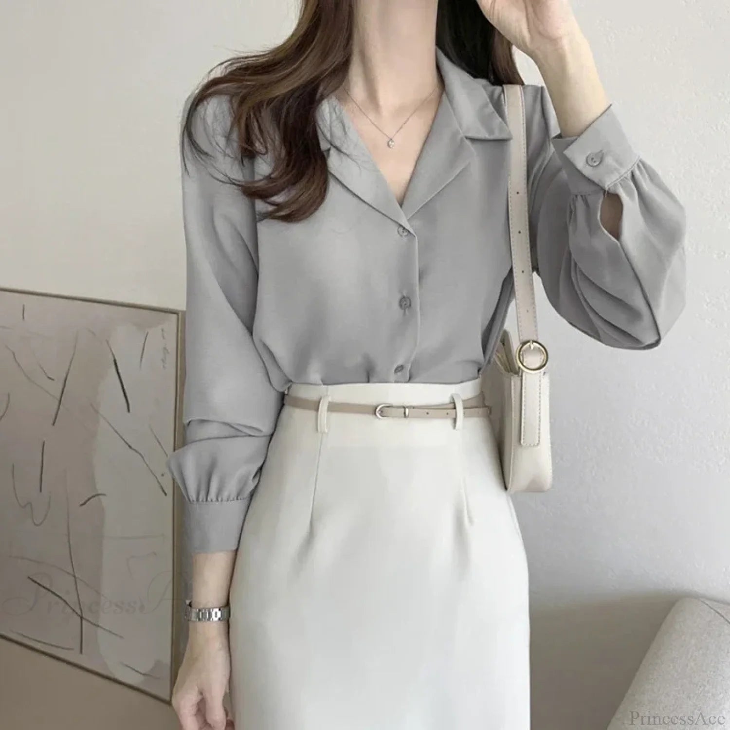 Thin Solid Color Long Sleeve Turn Down Collar Blouse blouse-250126