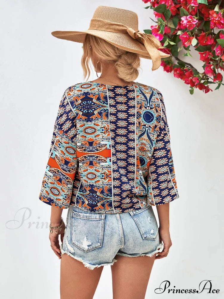 Three-Quarter And V-Neck With Hem Blouse Tie Sleeves