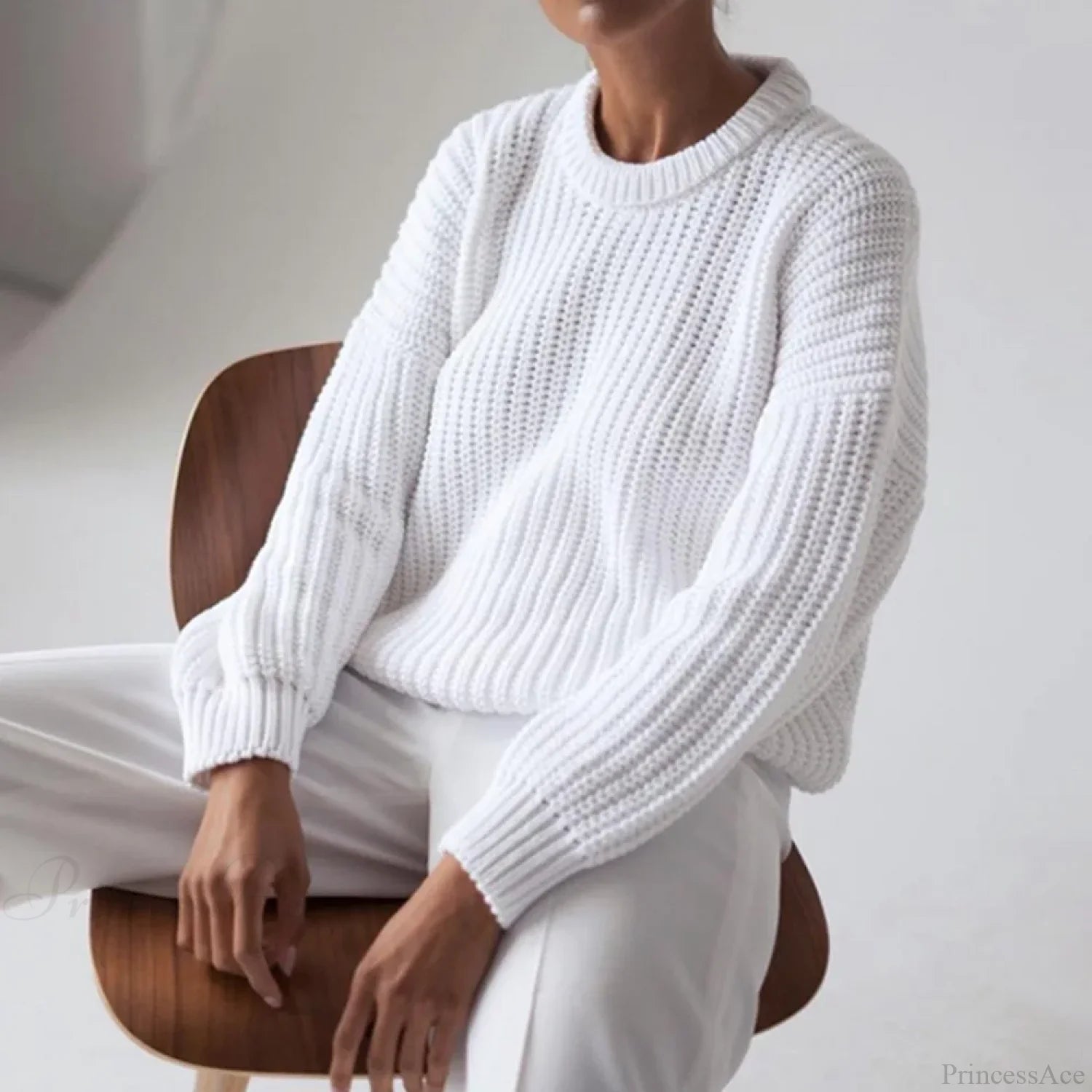 Three - Quarter Sleeve Elegant Khaki Sweater White / S