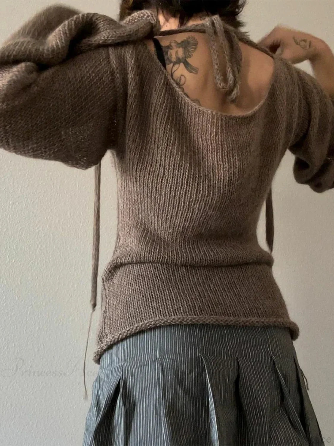 Tie Back Boat Neck Solid Color Sweater Brown / S