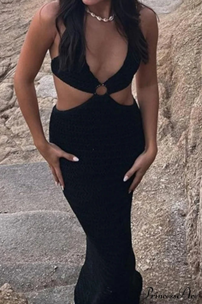 Tie-Back Hollow Out Dress With Contrast Detail Black / L Midi Dresses