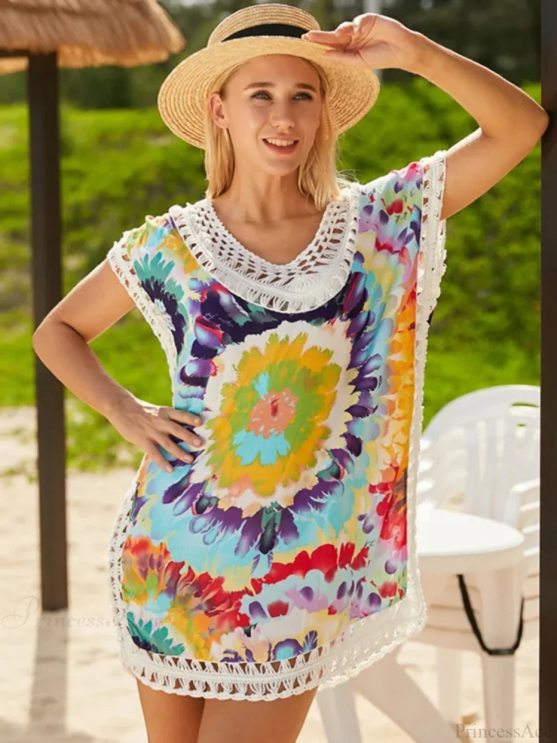 Tie Dye Hollow Beach Cover Up color2 / One Size